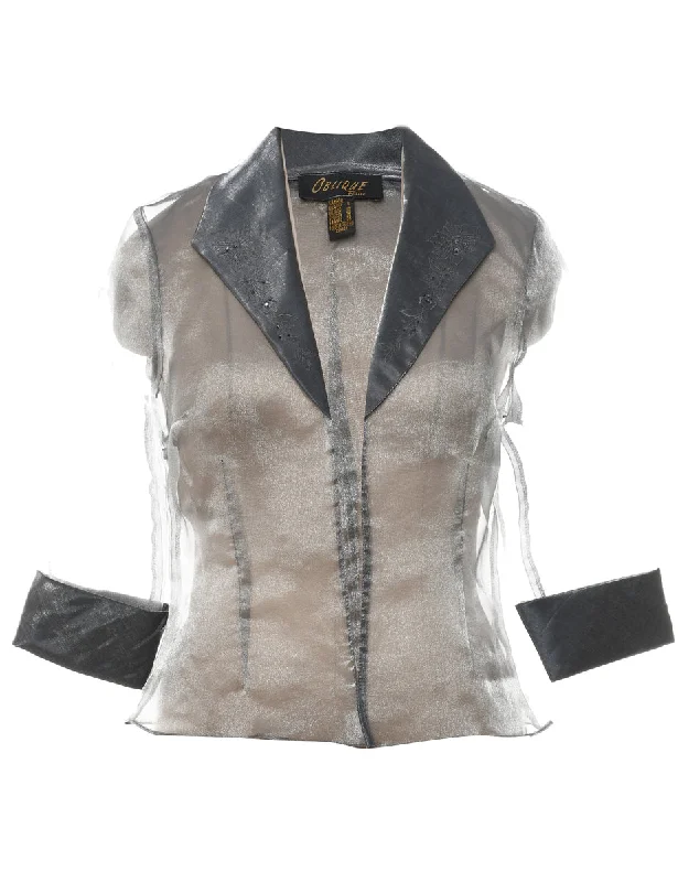 Sheer Silver Effect Evening Jacket - M Welt Pockets Slit Pockets Flap Pockets
