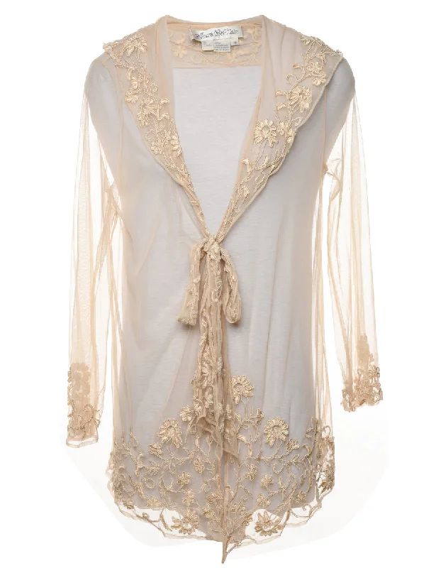 Lace Sheer Embroidered Peach Evening Jacket - L Denim Fabric Leather Fabric Suede Fabric