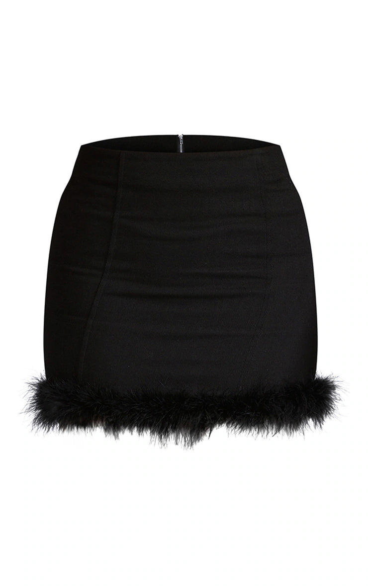 Black Feather Trim Denim Mini Skirt silk skirt luxurious