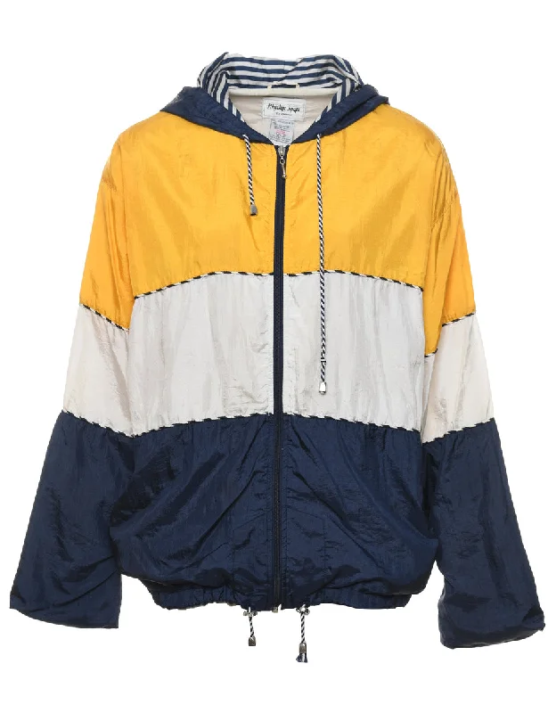 Hooded Colour Block Navy, Yellow & White Nylon Jacket - M Wool Jacket Cashmere Jacket Tweed Jacket