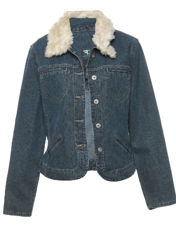 Medium Wash Faux Fur Collar Denim Jacket - L Fleece Jacket Down Jacket Feather Jacket