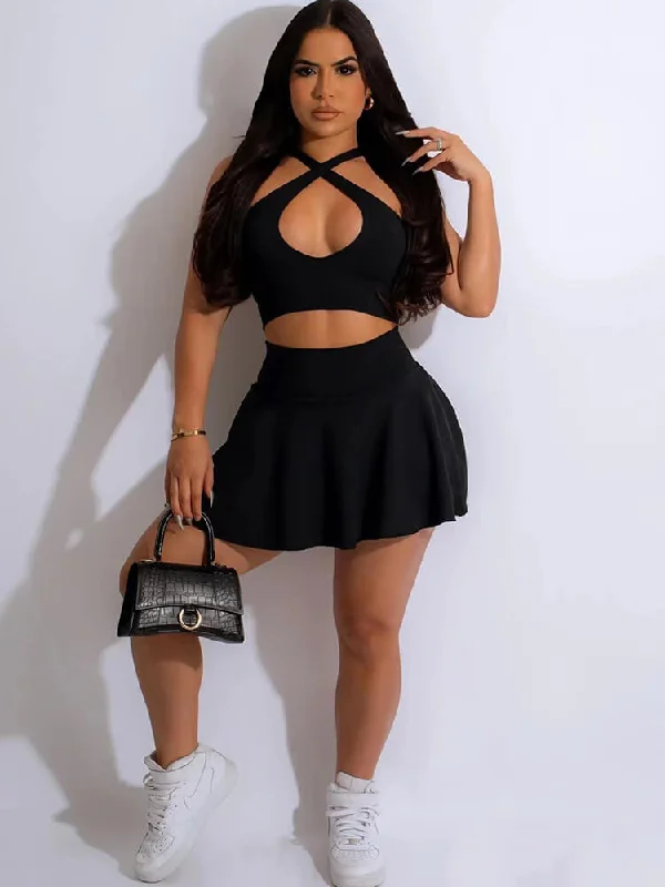 Crisscross Cutout Crop Top & Pleated Mini Skirt Mesh Blend Leather Blend Suede Blend