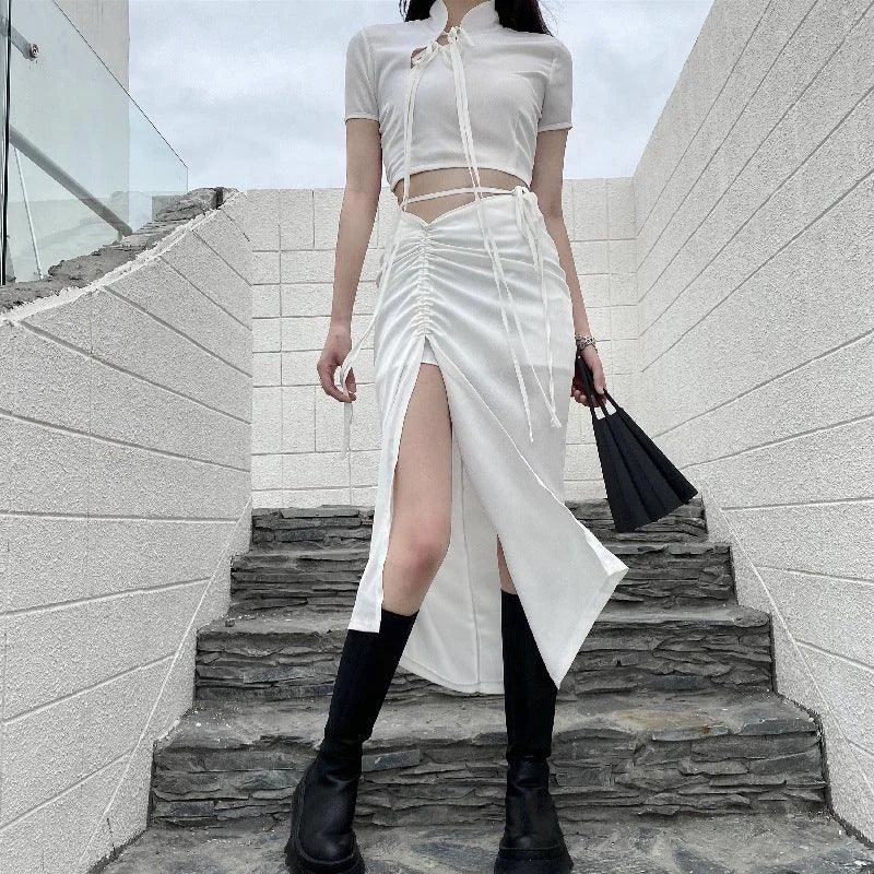 Hong Kong Style Suit Short Lace-up Cheongsam Collar High Waist Skirt leather skirt sleek