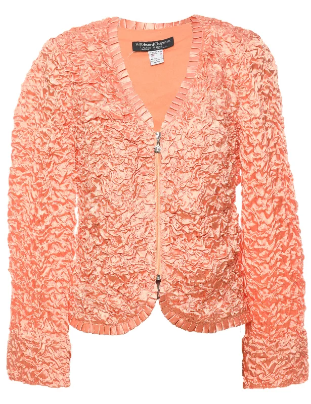 Peach Metallic Zip-Front Ruffle Trim Evening Jacket - M Jersey Jacket Tulle Jacket Batik Jacket