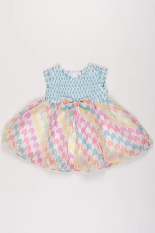 Baby Girl's Mint Green Polka Dot Frock with Pastel Chevron Skirt and Decorative Bow denim skirt trendy