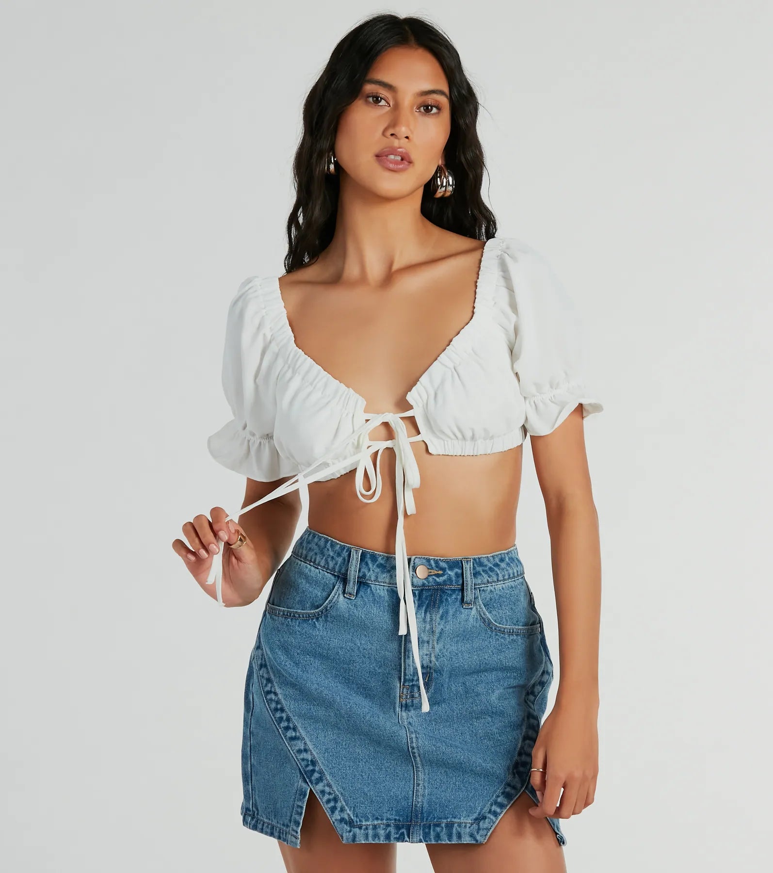 Fresh Look Puff Sleeve Tie-Front Crop Top Hooded Caped Shawl Collar