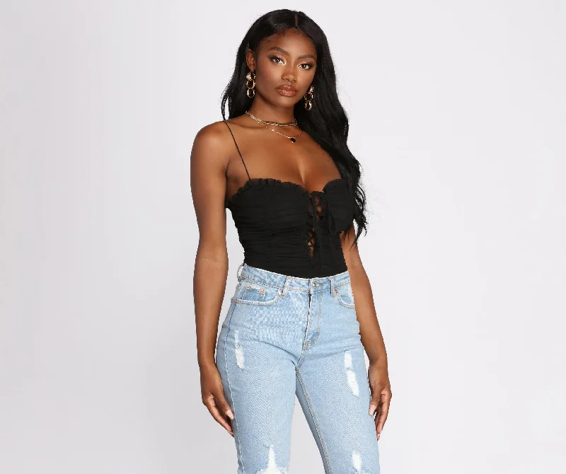 Sweetheart Ruched Mesh Bodysuit Fashionable Cross-Back Bodysuit
