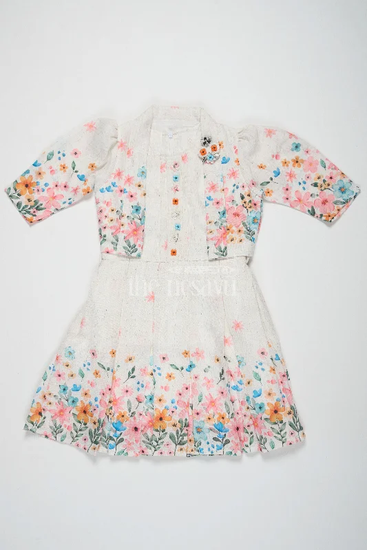Girls Cream Cotton Frock with Floral Jacket – New Dress for Girls with Elegant Design Denim Fabric Leather Fabric Suede Fabric