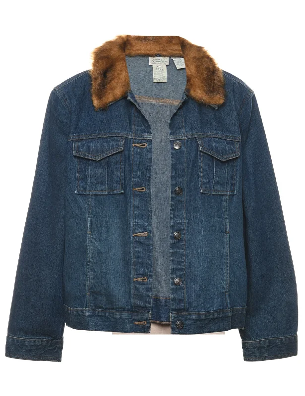 Dark Wash Faux Fur Collar Y2K Denim Jacket - L Print Jacket Jacquard Jacket Embroidered Jacket