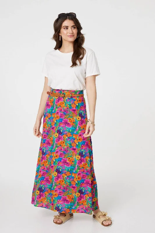 Floral Print Belted A-Line Maxi Skirt wool skirt thick