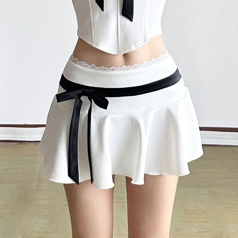 Lace hem bowknot A line contrast mini skirt high waist skirt