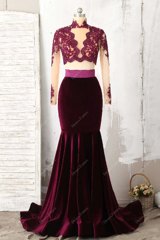 Two Piece Plum Lace Velvet Mermaid Prom Dress Sexy Sheer Crop Top Ribbed Crop Top High Neck Heavyweight