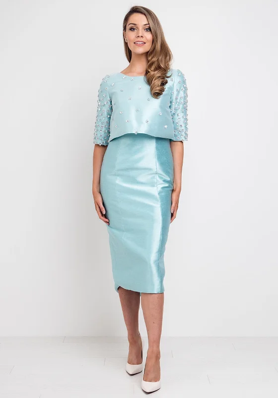 Fely Campo Floral Sequin Dress & Jacket, Aqua Blue Faux Fur Fabric Real Fur Fabric Shearling Fabric