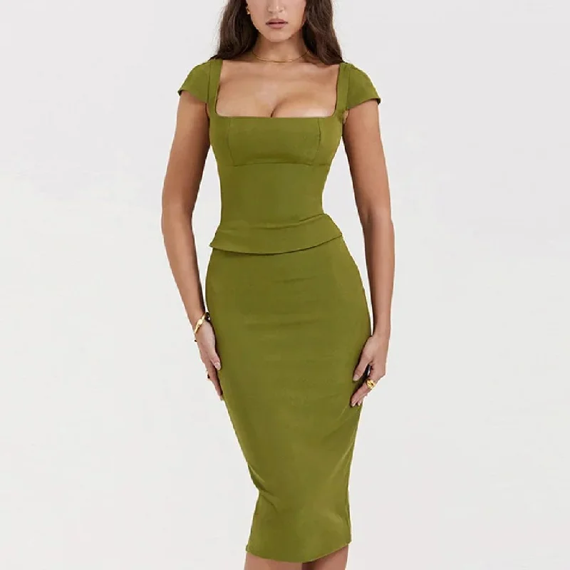 Green Sexy Women Two Piece Set - Square Collar Short Sleeve Tops And Midi Skirt Matching Sets pleated skirt texture