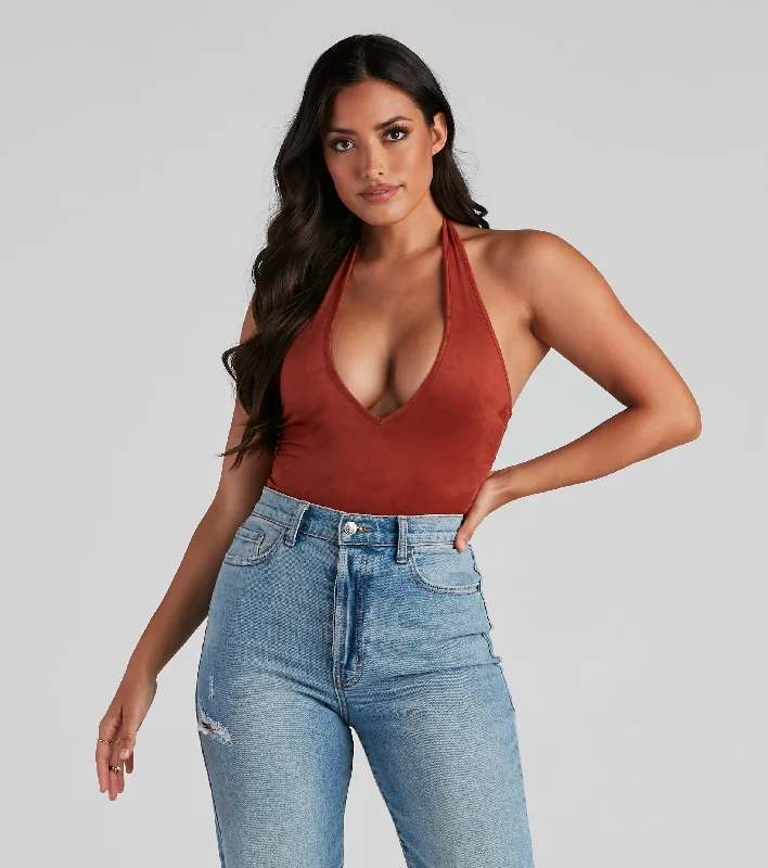 Take The Plunge Faux Suede Bodysuit Elegant Bodysuit with Lace Trim