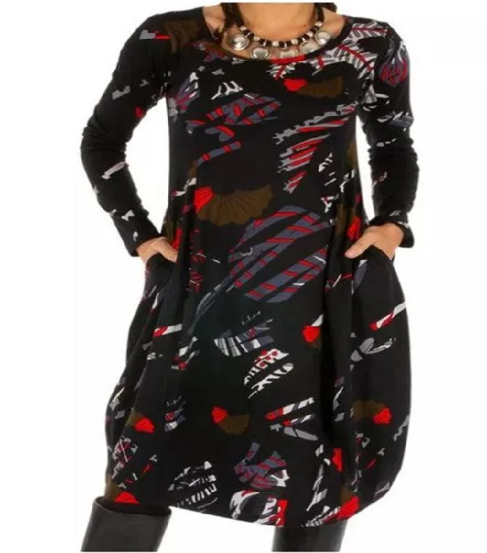Spring New Printed Pocket Long Sleeve Lantern Skirt modal blend skirt