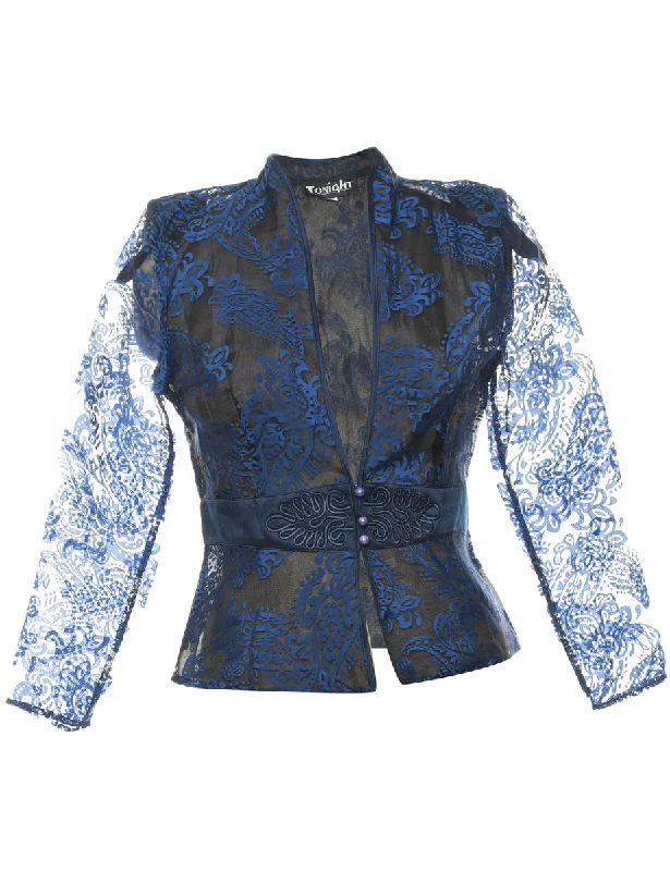 Blue Sheer Lace Evening Jacket - M Collared Jacket Crew Neck Jacket Turtle Neck Jacket