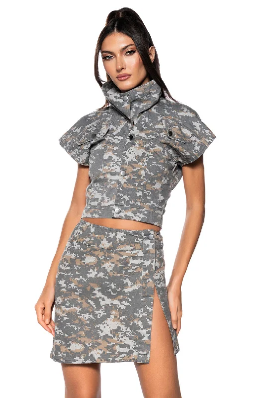 WE RIDE CAMO BUTTON DOWN AND MINI SKIRT SET IN GREY leather skirt bold