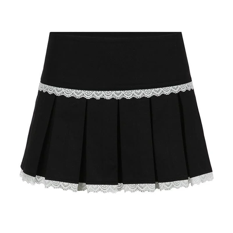 Lace hem pleated zip-up mini skirt breathable skirt fabric