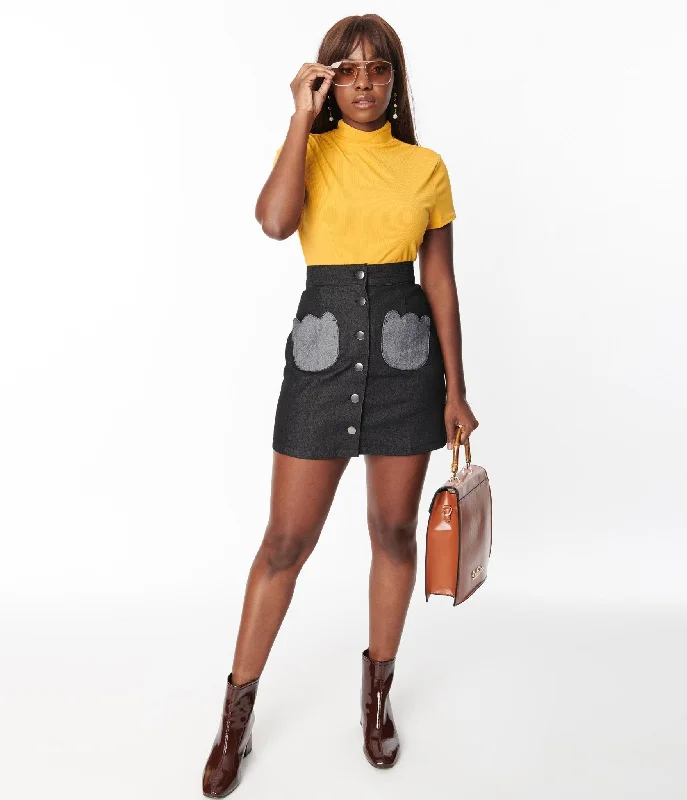 Smak Parlour Black Denim Tulip Patch Pocket Skirt silk skirt lustrous