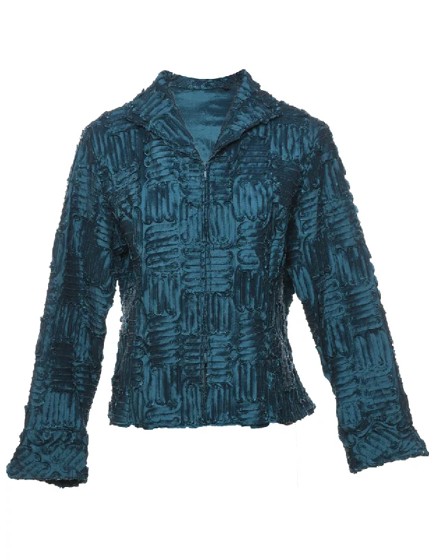Blue Ruffled Metallic Zip-Front Evening Jacket - L Front Pockets Side Pockets Patch Pockets