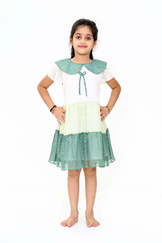 Girls Fancy Gown with Green Tiered Skirt and Oversized Collar wool skirt breathable