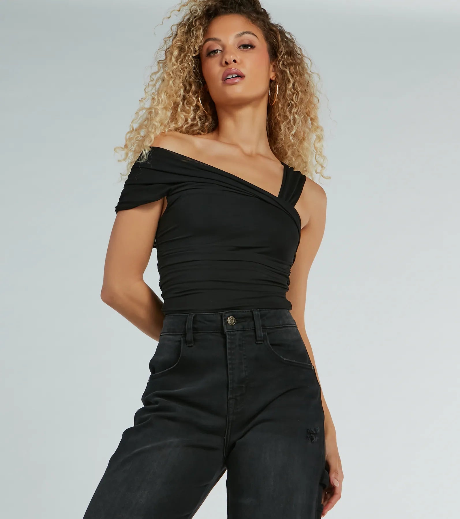 Cool Girl Status Off-The-Shoulder Mesh Bodysuit Fashionable Fitted Bodysuit
