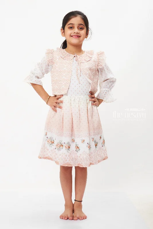 Beige Floral Lace Fancy Cotton Frock with Sheer Jacket for Girls Herringbone Jacket Checkered Jacket Solid Jacket