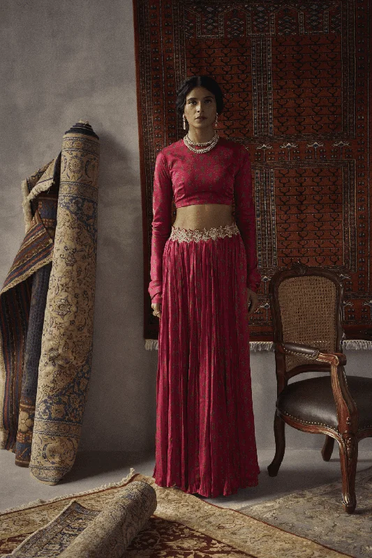 Cherry Red Satin Silk Crop Top And Skirt Set Iron Safe Non-Iron Wrinkle Free