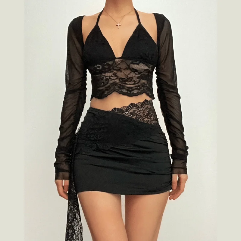 Lace patchwork solid long sleeve ruched halter mini skirt set velvet skirt plush