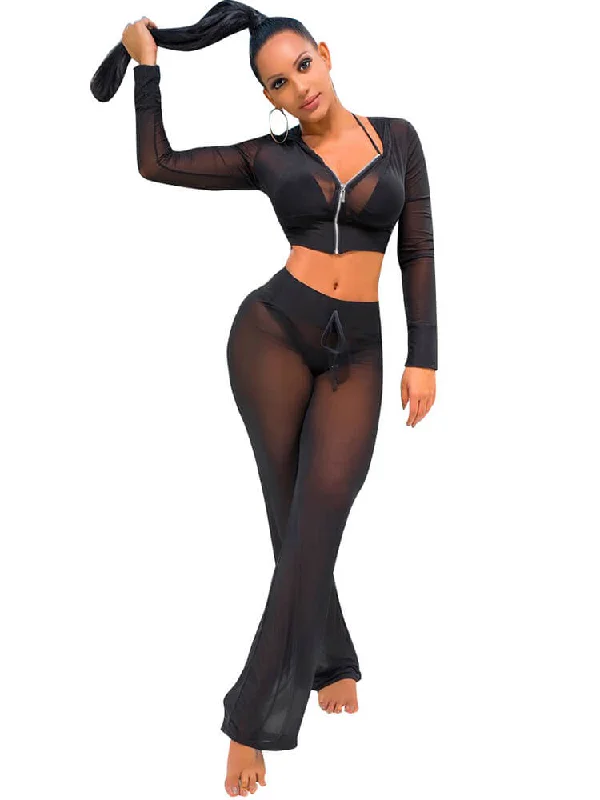 Mesh Hoodie Crop Top High Waist Long Pants Set Wool Fabric Cashmere Fabric Tweed Fabric