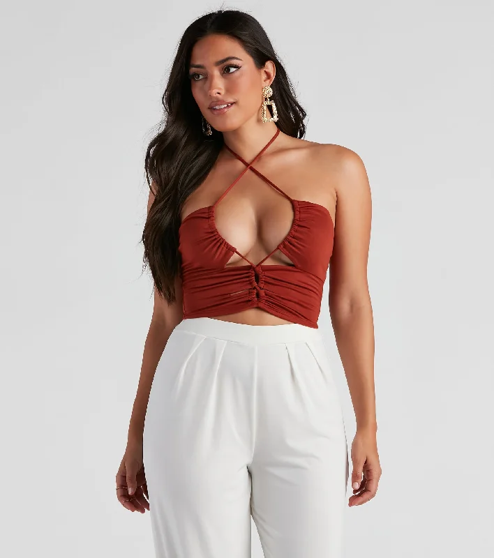 Strings Attached Halter Crop Top Seamless Knitted Crochet