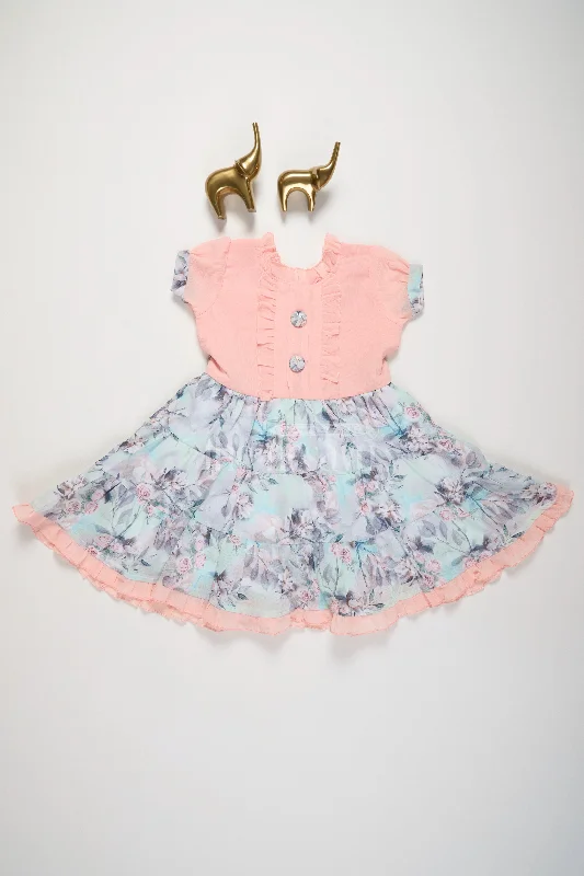 Pink Girls Cotton Frock with Floral Print and Tiered Georgette Skirt satin skirt smooth