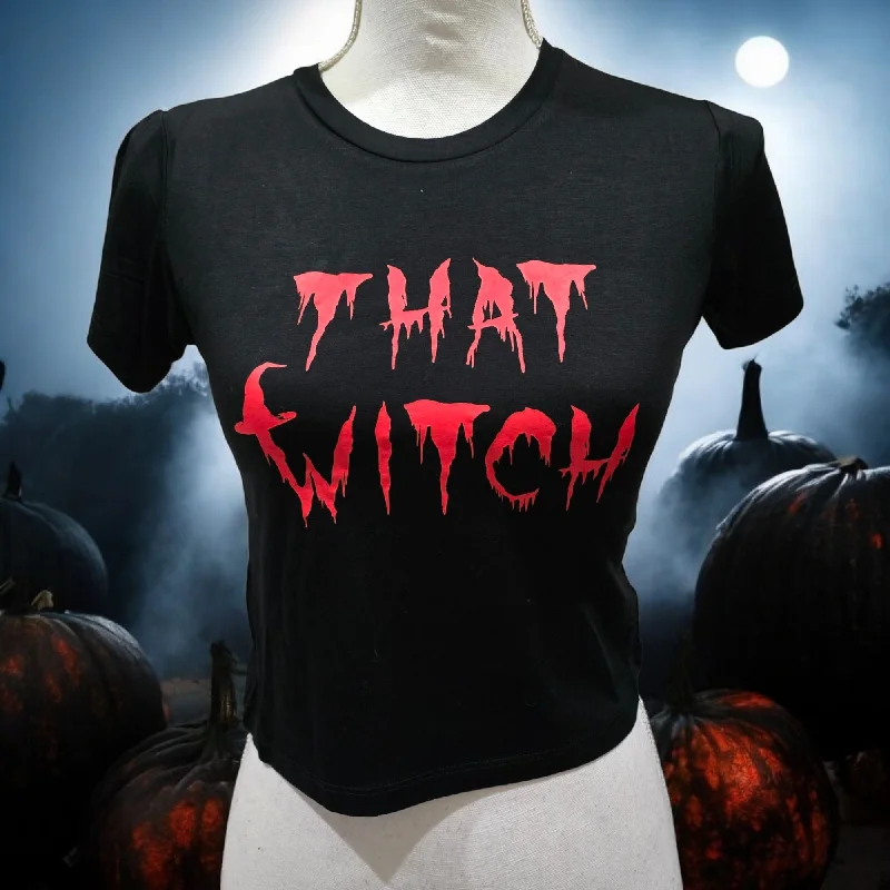 Halloween Black Crop Top With Red "That Witch" Graphic Spandex Blend Rayon Blend Denim Blend