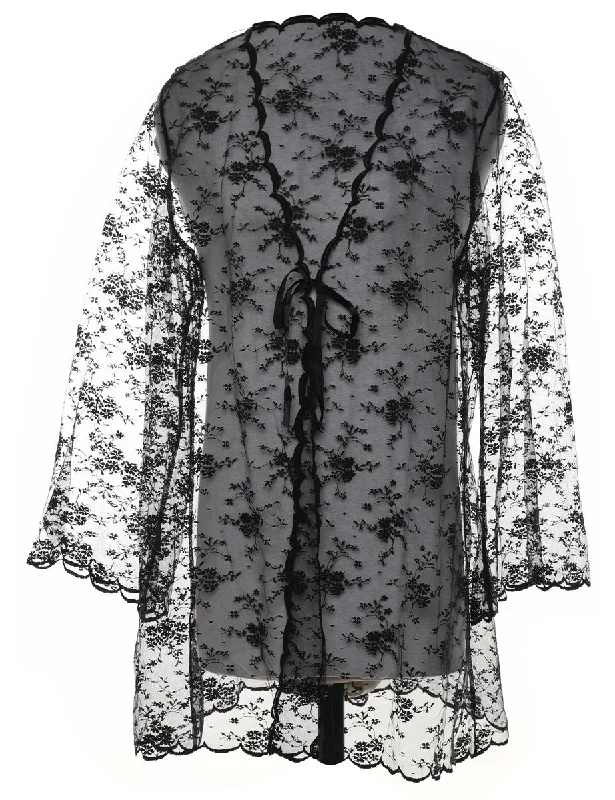 Black Sheer Lace Tie Fasten Jacket - L V-Neck Jacket Boat Neck Jacket Square Neck Jacket