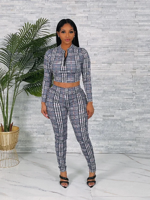 SET30522P - PRINT CROP TOP&LEGGING SET Polka Dot Checkered Tartan