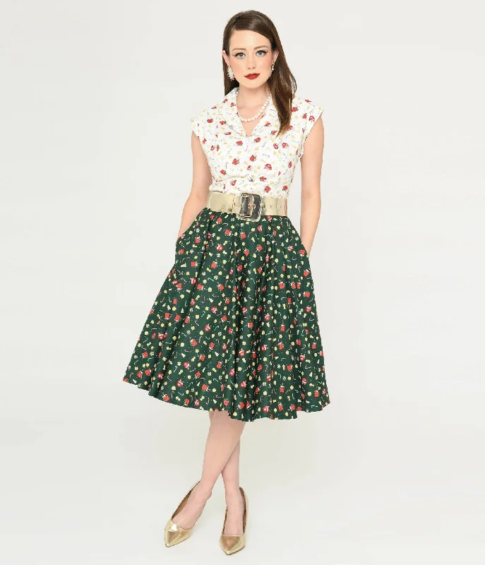 Magnolia Place Green & Holiday Print Sally Swing Skirt ruffled skirt detail