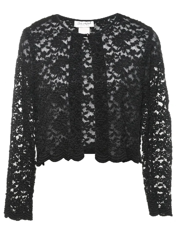 Black Floral Lace Long Sleeve Jacket - M Front Pockets Side Pockets Patch Pockets