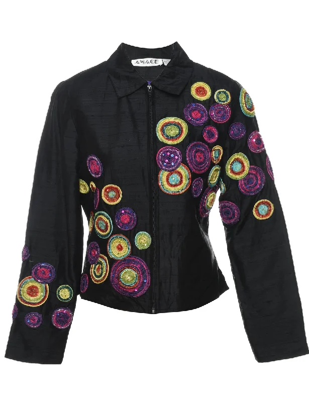 Silk Embroidered & Beaded Zip-Front Evening Jacket - XS Boat Neck Shawl Collar Notched Collar