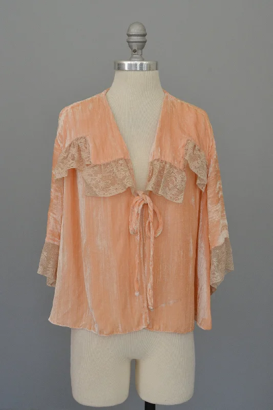 Vintage Peach Crushed Velvet Lace Bed Jacket Shrug Bell Sleeves Welt Pockets Slit Pockets Flap Pockets