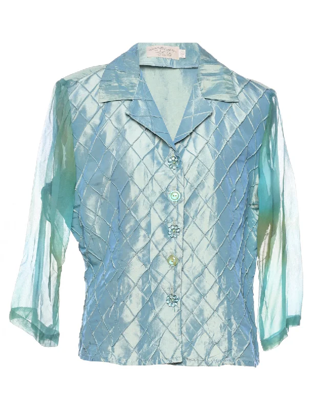 Turquoise Metallic Sheer Sleeved Evening Jacket - L Belted Jacket Elasticated Jacket Padded Jacket