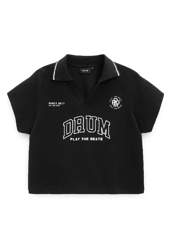 DRUM SELECT Ladies Logo Polo Crop Top- Black Jersey Fabric Tulle Fabric Batik Fabric
