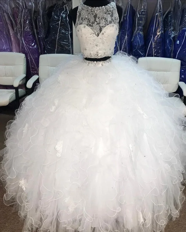 Lace Crop Top Organza Ruffle Ball Gowns Quinceanera Dresses Two Piece Collared Crew Neck Turtle Neck