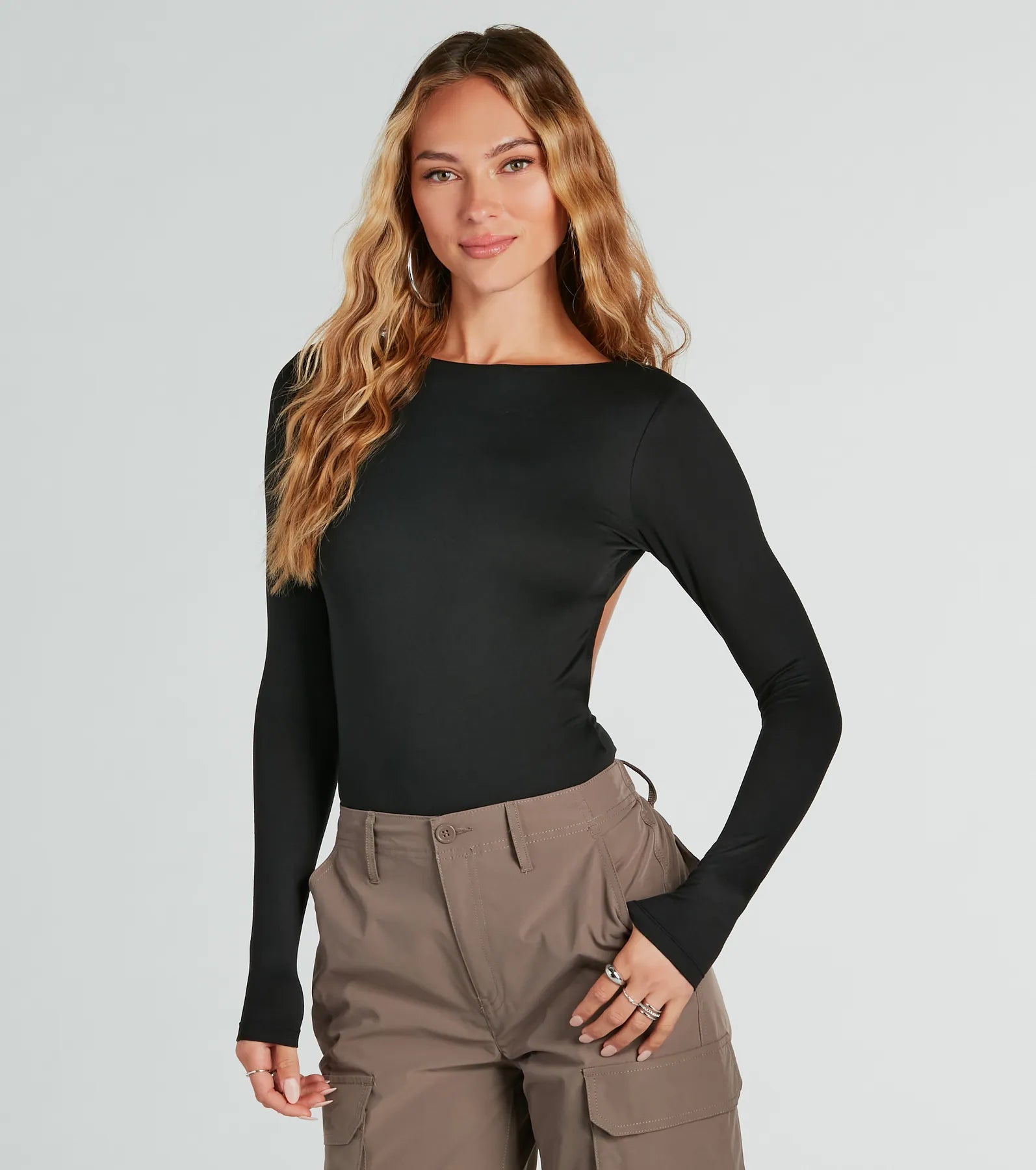 Double Take Backless Long Sleeve Bodysuit Stylish Plunging Neck Bodysuit
