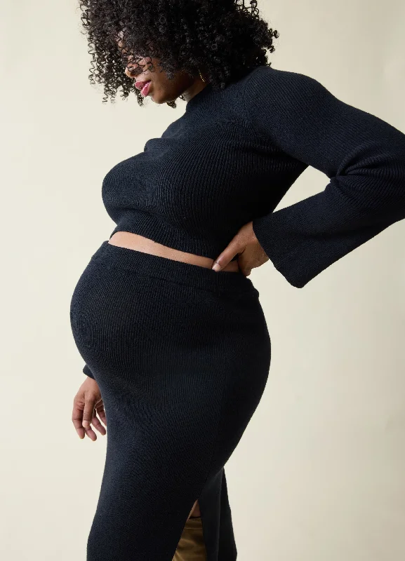 The Mix + Mingle Black Maternity Midi Skirt Set ribbed skirt waist