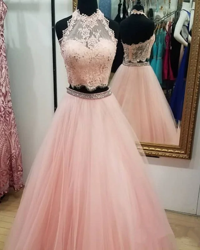 Chic Lace Crop Top Tulle Prom Dresses Two Piece Ball Gowns Notch Collar Peter Pan Collar Cowl Neck