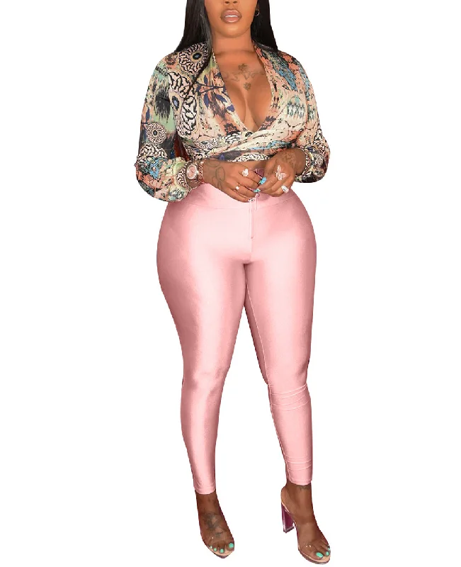 Two Piece Print Crop Top Skinny Pants Set Layered Multi-layer Single Layer