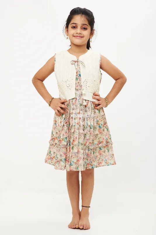 Beige Designer Sleeveless Floral Cotton Frock with Sequined Jacket Trench Coat Raincoat Waterproof Jacket
