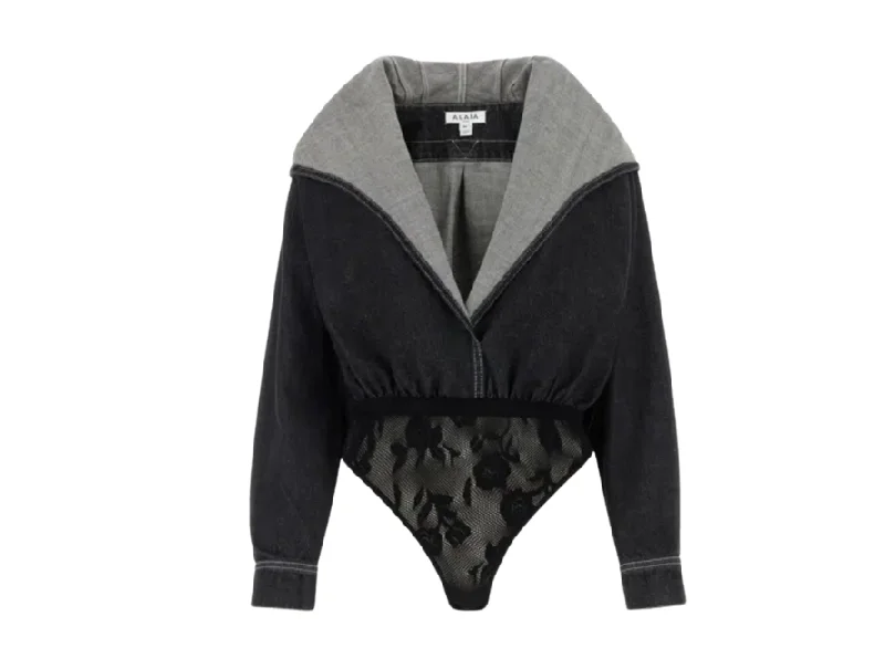 Alaia Hooded Denim Bodysuit Trendy Transparent Bodysuit