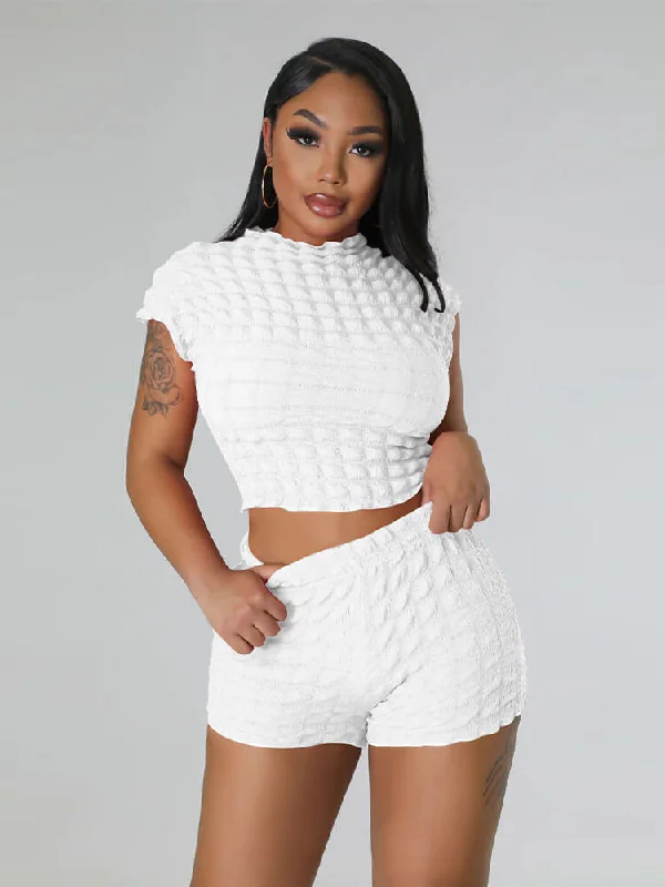 Ruched Short Sleeve Crop Top Bodycon Shorts Set Chenille Fabric Brocade Fabric Lace Fabric